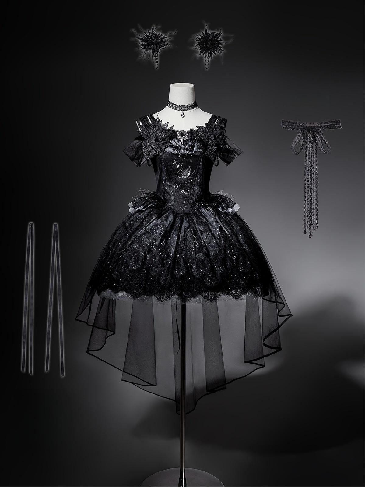 Black Gothic Lolita JSK Dress, Swan Embroidery