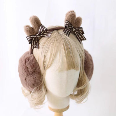 Xiaogui~Christmas Lolita Earmuffs Antlers Ear Protectors Winter Earflap Coffee-colored letters (Khaki Deer Horn Ear Earflaps)  