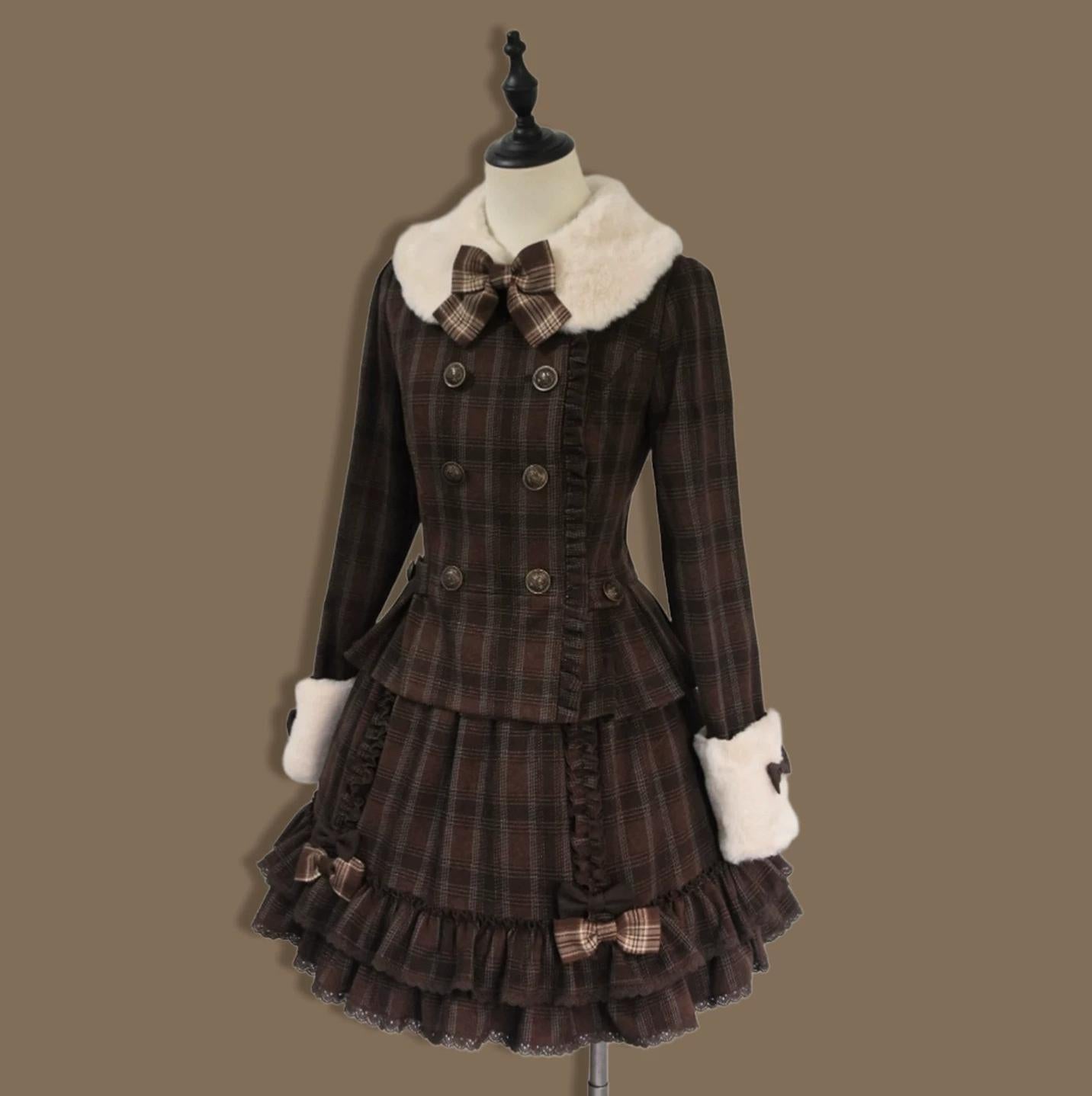 Filled Chocolate - Winter Classic Lolita Plaid Coat Set, Detachable Plush Collar (L M S XL XS) 45900:867182