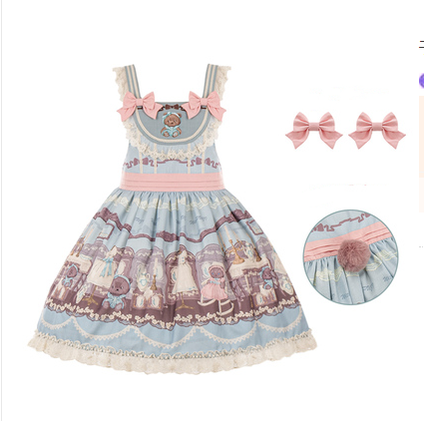 With Puji~Brown Doll House~Kawaii Lolita Brown Print JSK and OP Dress S blue-green JSK+a pair of bows 