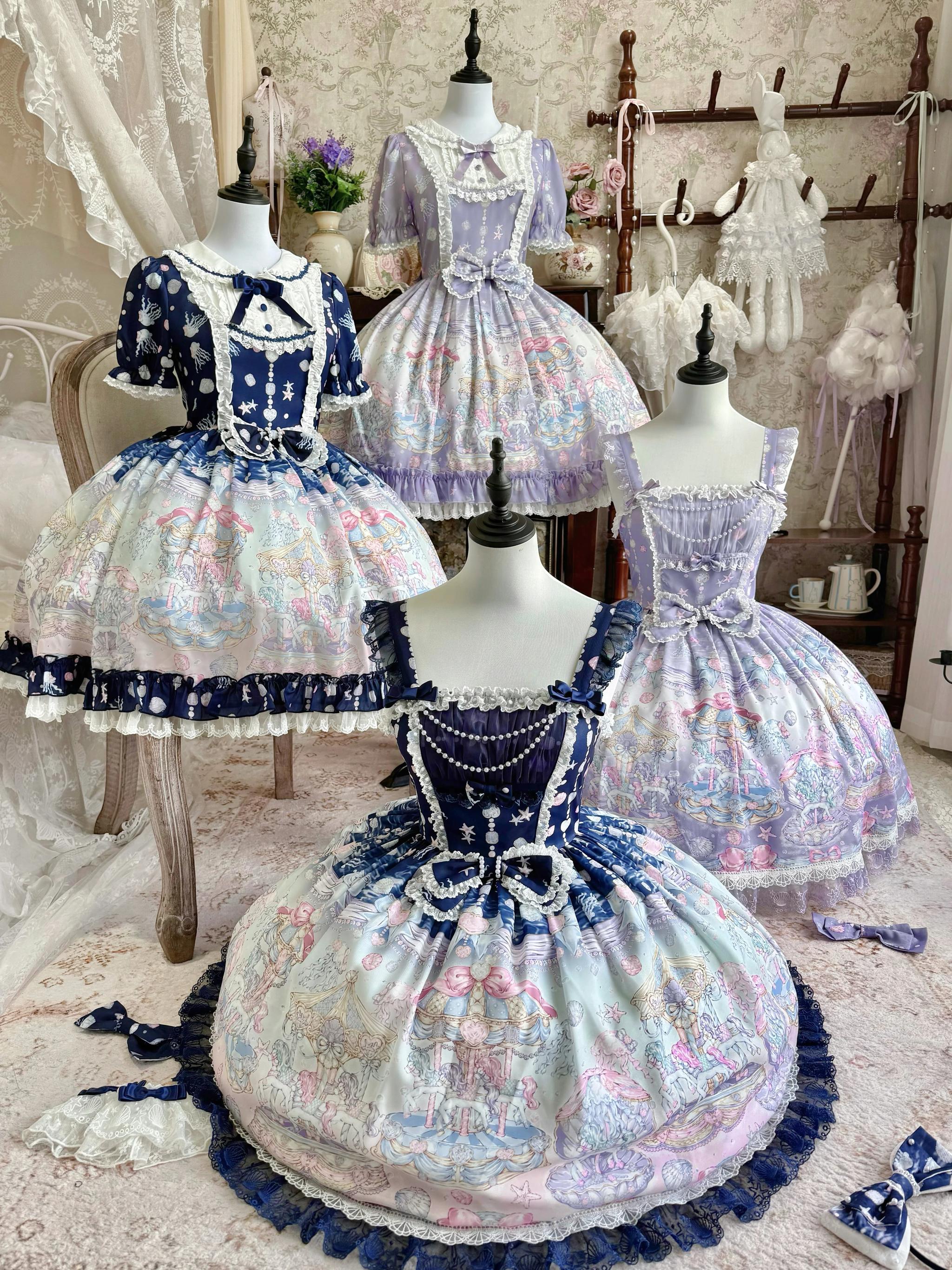 Glimmering Carousel - Sweet Lolita OP & JSK Dress Set, Ocean Carousel Print 45827:863938