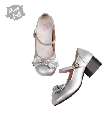 Sheep Puff~Kawaii Lolita Round Toe Mary Jane Shoes 35 silver mid heel 