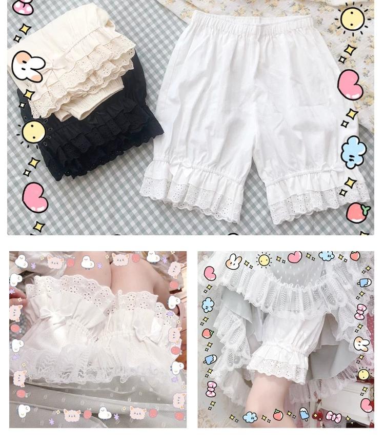Elastic Waist Lolita Cotton Bloomers, Ruffled Leg Hem 45846:864739