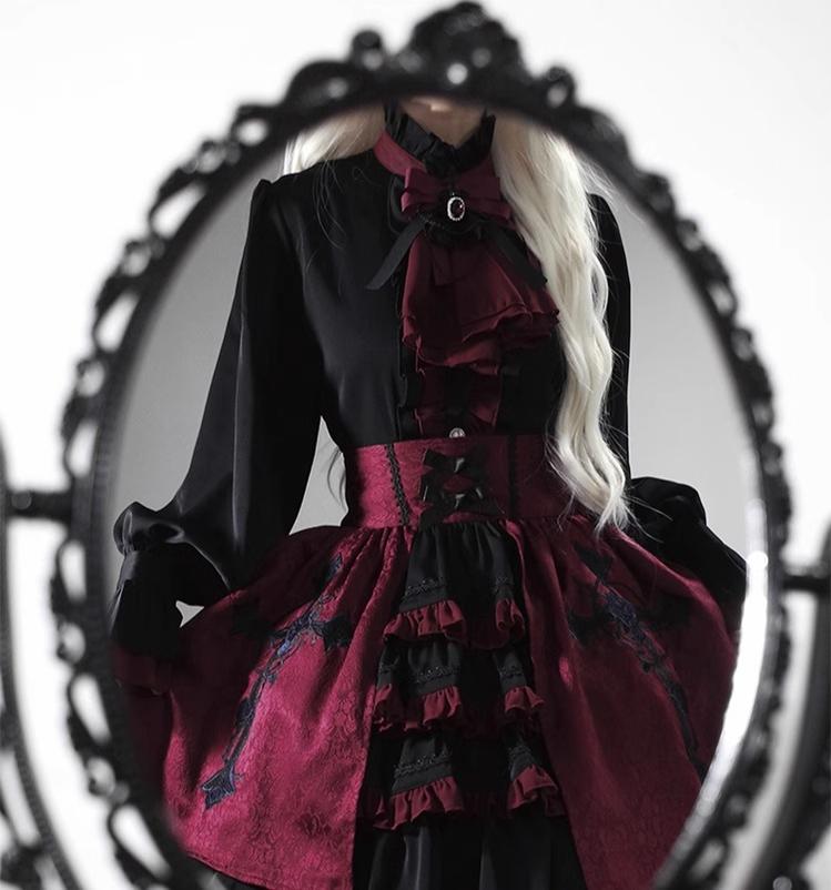 CastleToo - Evil Twins - Ouji Lolita Vest Shorts Skirt Black Red Set One Size Shirt + neck scarf