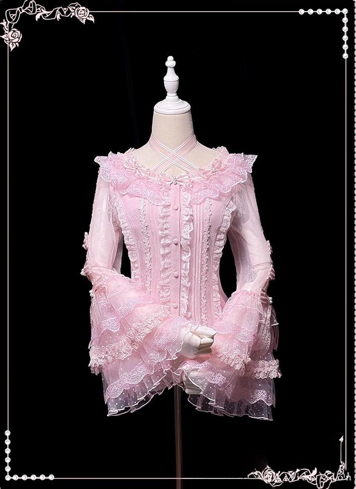 Shuang Sheng Xiao Xiong - Heart of Love - Lace Sweet Lolita Shirt, Hime-Sleeves Pink - Shirt Only XS