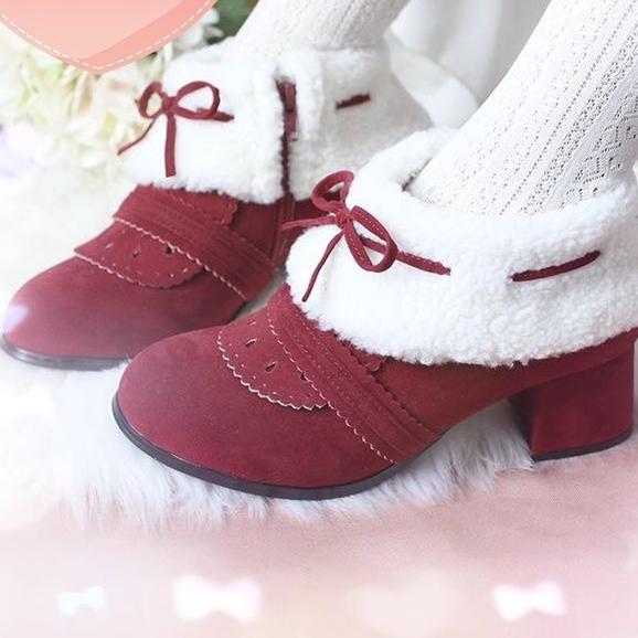 Spring Day Lolita - Sweet Lolita Women's Ankle Boots Multicolors burgundy winter style [velvet lining] 36