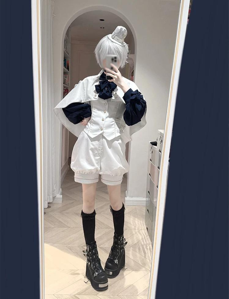 Fallen Holy Star - Ouji Lolita Ruffled Chiffon Blouse & Cape Set, Elastic Shorts 45816:863696
