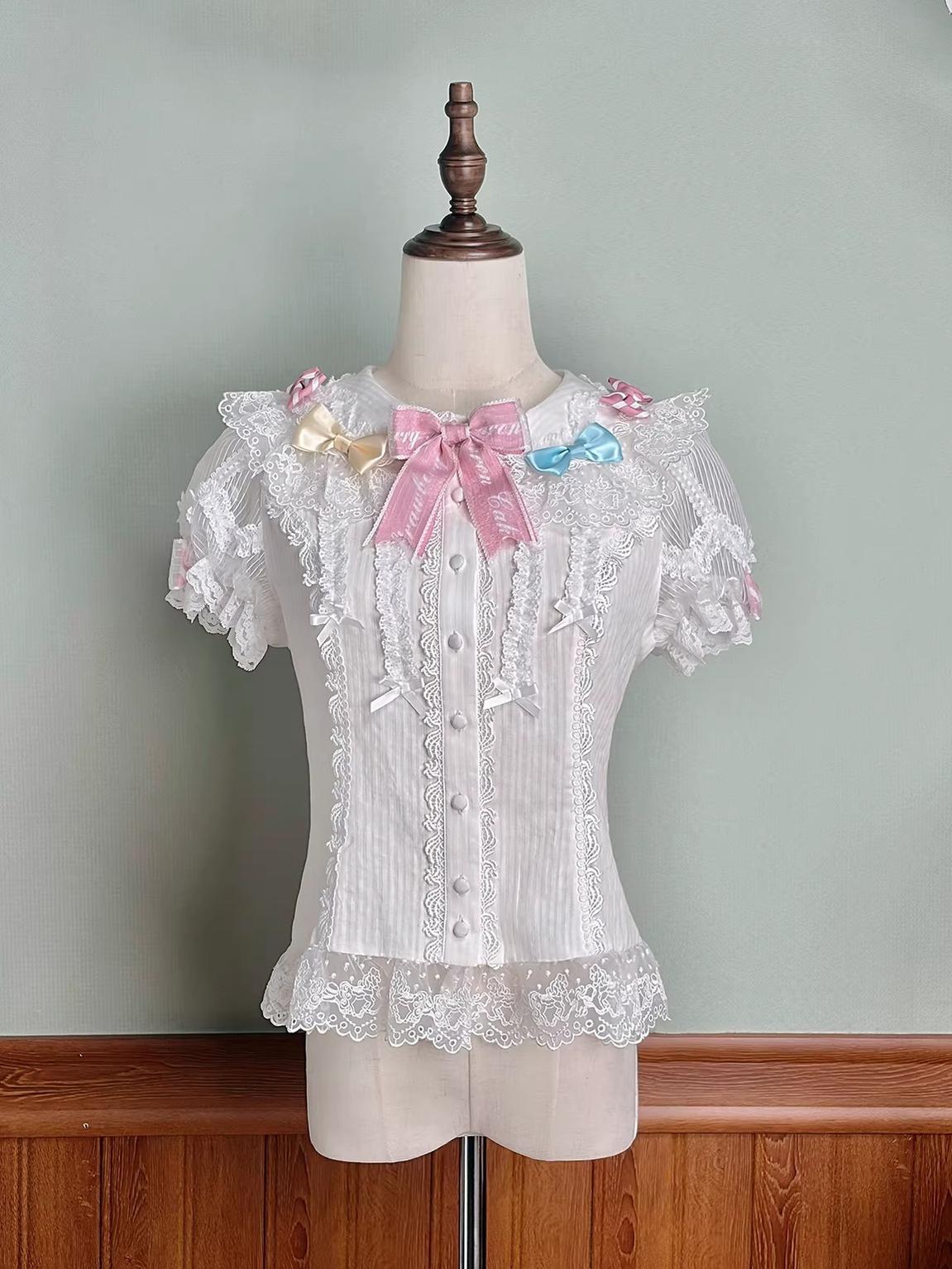 Macaron - Sweet Lolita Short Sleeve Shirt, Lace & Bow Details Candy Color XS