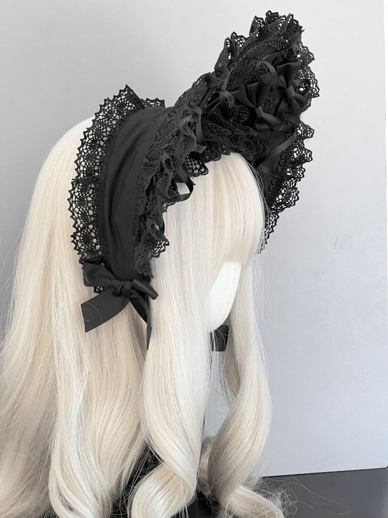 MAID - Gothic Lolita Lace Bonnet Wide Brim Bow BNT Headwear