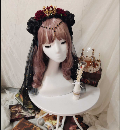 Yu Xixixi~Gothic Lolita Rose Crown KC with Veil Pendant Customized black-navy blue (golden crown)  