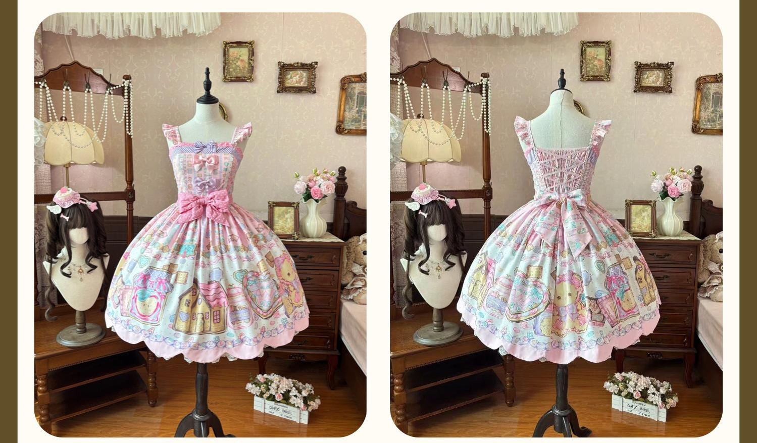 Sugar Frost Cookie - Old School Lolita Bear Dessert Printed JSK Dress 45661:857397