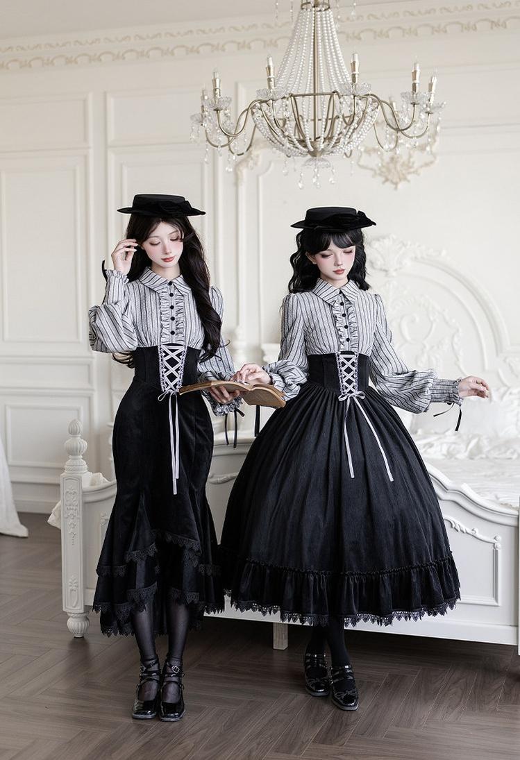 Dusk Moment - Classic Lolita Striped OP & Mermaid Dress Set, Fishbone Waist 44498:810698