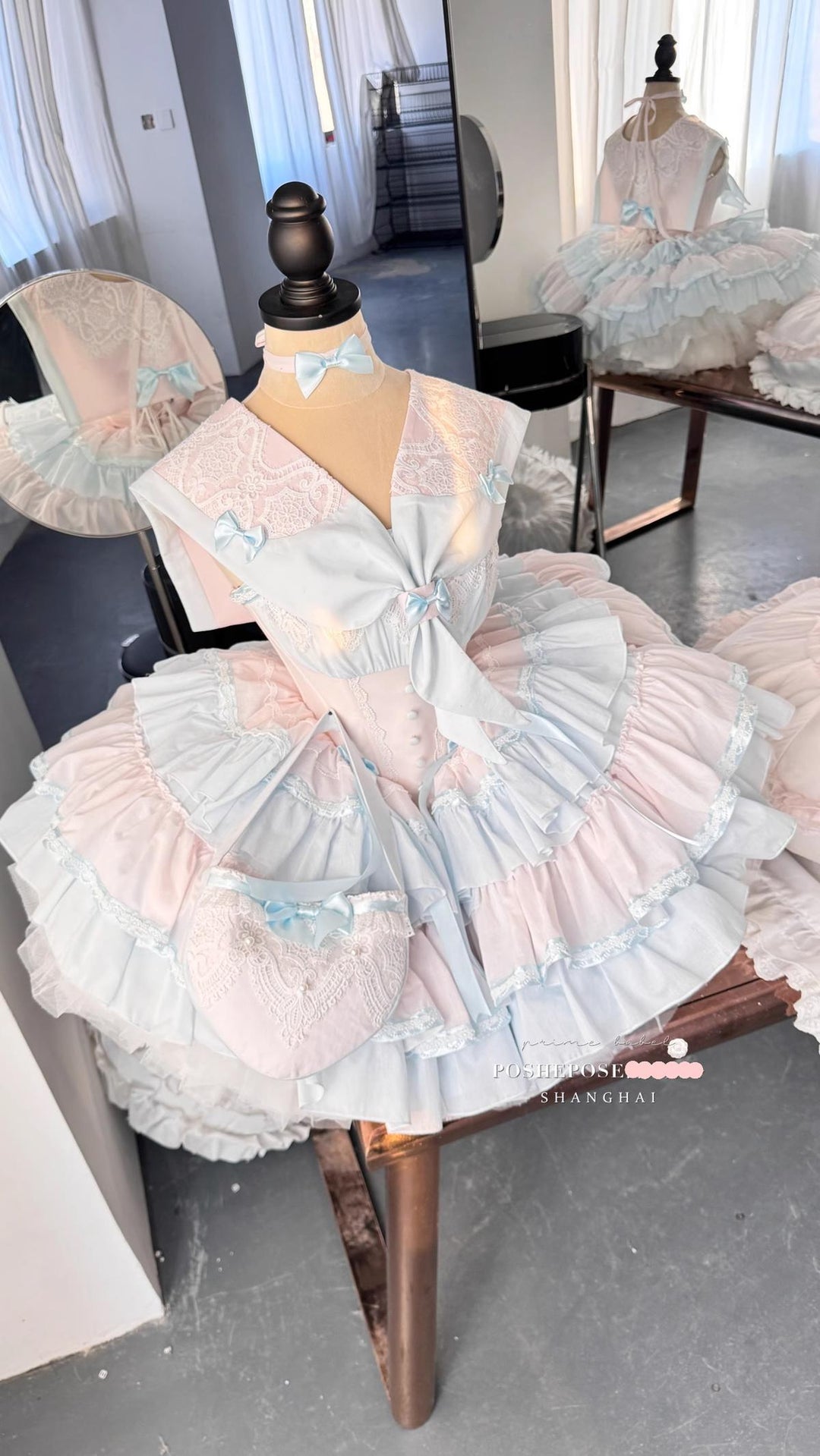 POSHEPOSE~Zixu Falling Heart · Yunfu Space~Sweet Lolita Dress Tiered Skirt Detachable Sleeves Strapless Dress   