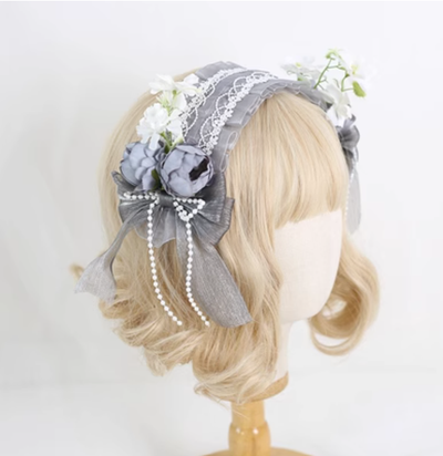 Xiaogui~Elegant Lolita Floral Lace Handmade Headband grey with a retaining clip  
