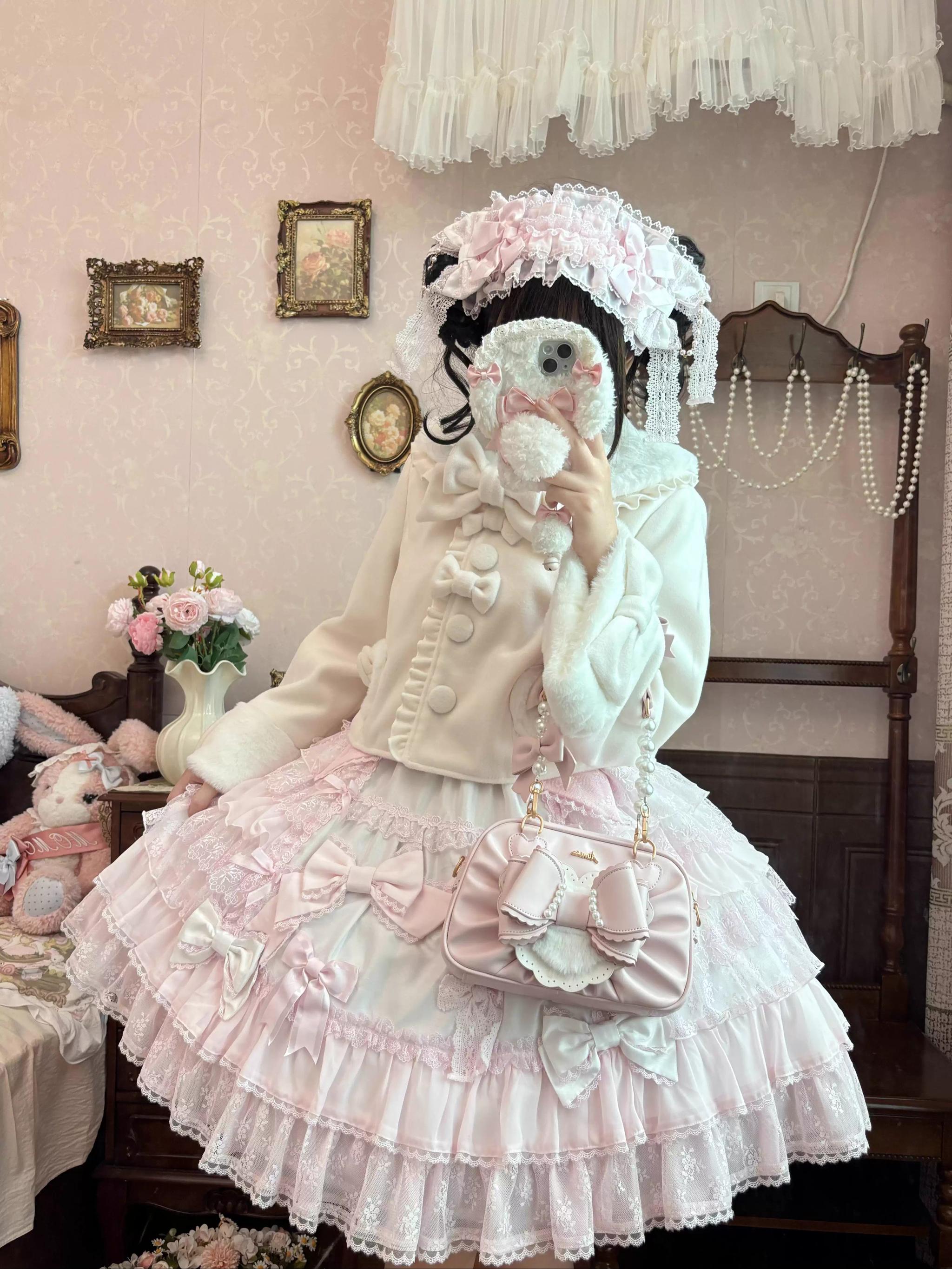 Aimee - Peach Cube Box - Sweet Lolita Pink Handbag, Bow & Pearl