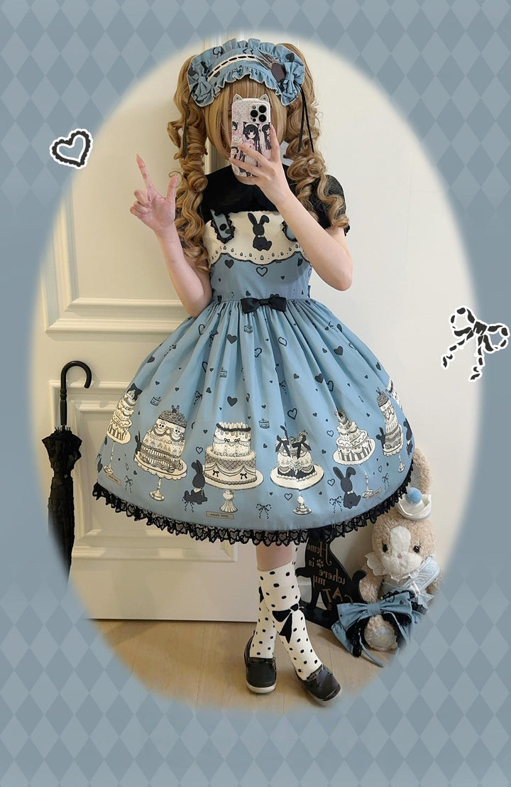 Sweet Dream Sheep - Cake Bunny - Blue Sweet Lolita Dress, Bunny&Cake Print