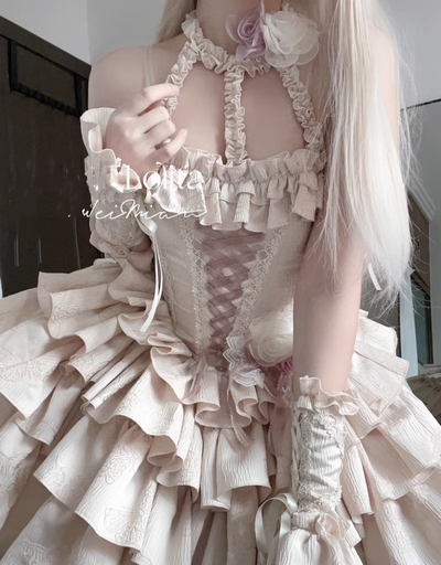 Xingweimian~Sunset Venus~Gothic Lolita Formal Dress Fishbone Waist JSK Dress Set white and pink dress S 