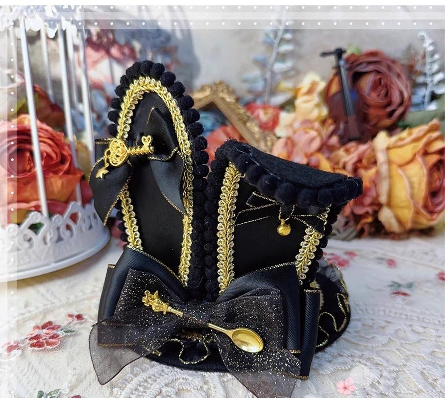 Menglu - Lolita Top Hat Rabbit Ear Bow Lolita Headdress Multicolors Black gold black