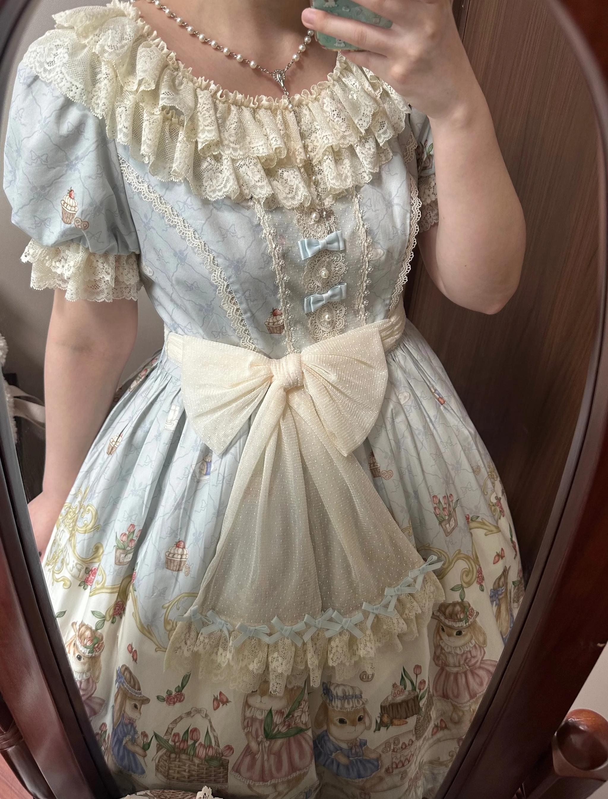 Picnic Bunny - Cotton Daily Doll-like Lolita OP Dress, Bunny Print 45670:858016