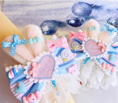 (Buy for me)Sweetheart Endless~Sweet Lolita Lace Rabbit Ears Cuffs Multicolor a pair of big rabbit ears and heart blue-pink cuffs  