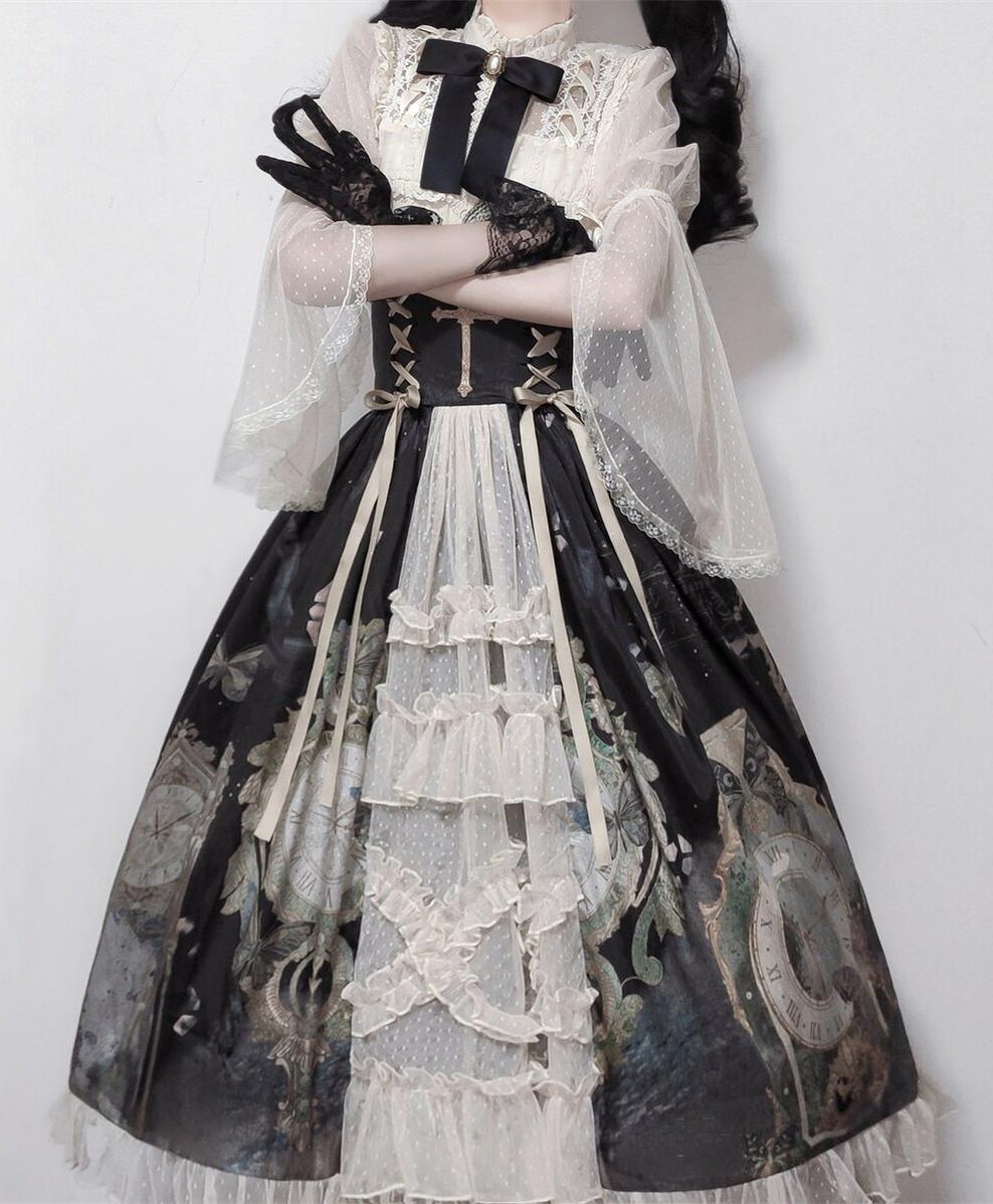 Clock Butterfly - Gothic Lolita Printed Blouse and Corset Skirt Set