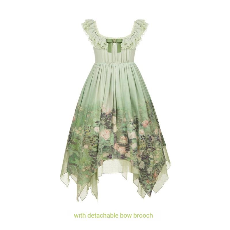 With PUJI~Blooming Rose~Chiffon Classic Lolita Dress Set Painting Styled OP & JSK (L M S) 42925:758720