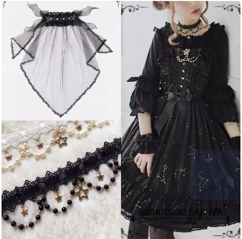 Sakuya Lolita~Whisper Of Stars~Constellation Foil Printing Elegant Lolita High Waist JSK Dress Black Regular Waist JSK +Veil +Black choker Star Lace Hem Dress (without blouse) 