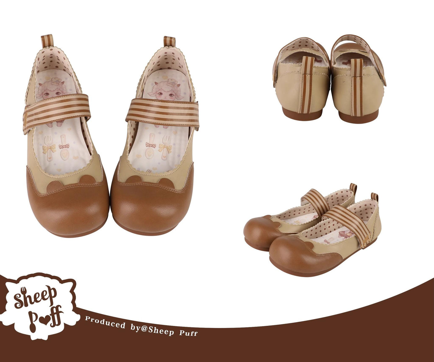 Sheep Puff~Bear Candy~Kawaii Lolita Flat Shoes Velcro Shoe 35 Cocoa brown 