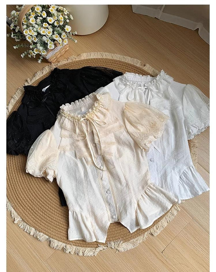 With PUJI~Anna~Classic Lolita Shirt with Lace Embroidery and Princess Sleeves