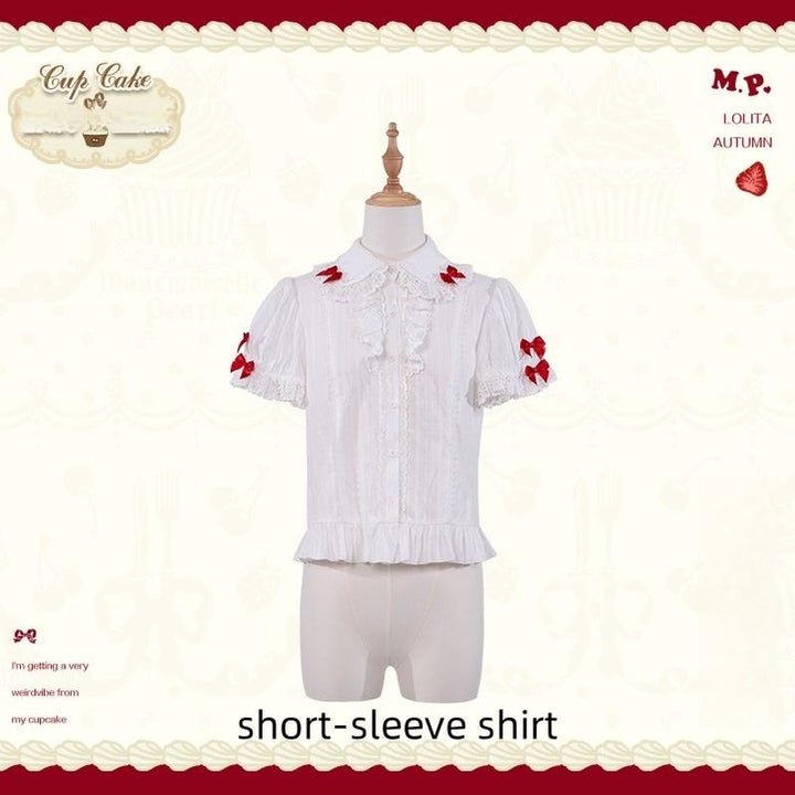 Mademoiselle Pearl - Cup Cake - White, Red Bow, Sweet Lolita Dress Set (F L M S XL XS) 43333:773899
