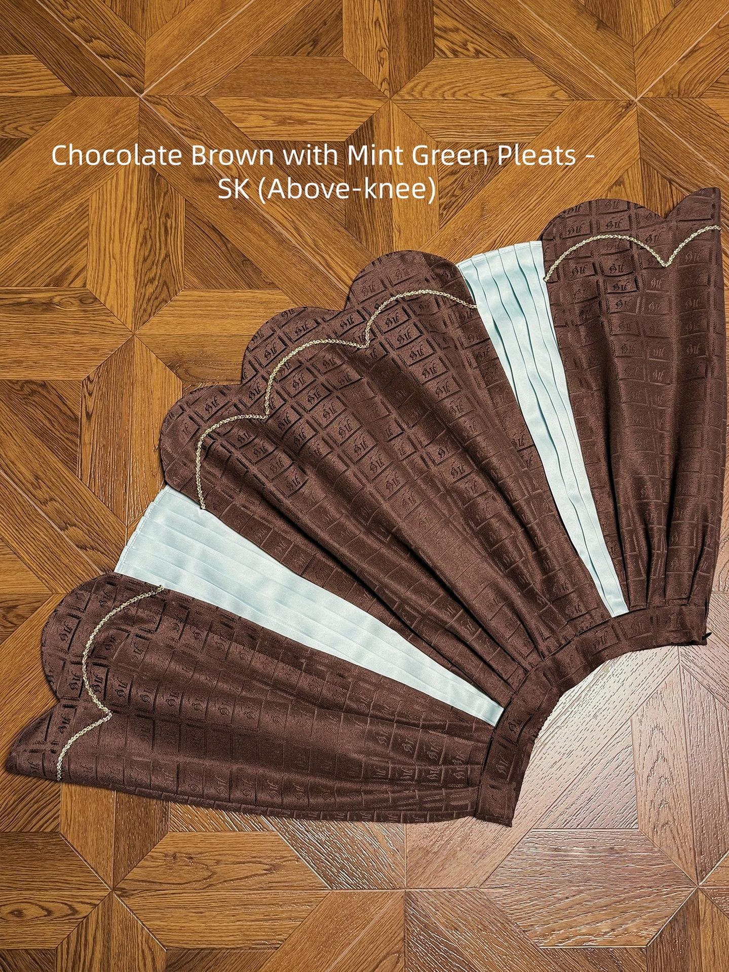 Alice Girl - Bear Chocolate Slab - Classic Lolita Pleated JSK & SK Dress, Side Zipper Chocolate Brown with Mint Green Pleats - SK (Above-knee) XS