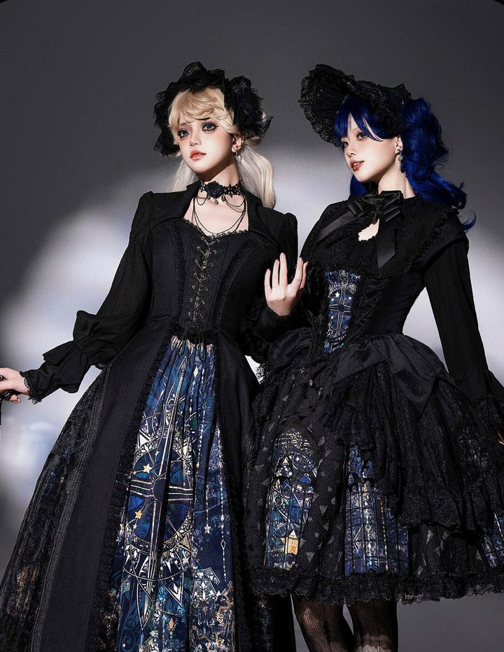 Susin Lolita~Night Traveler~Gothic Lolita Skirt Outfit Long Coat Shirt and Bustier Set