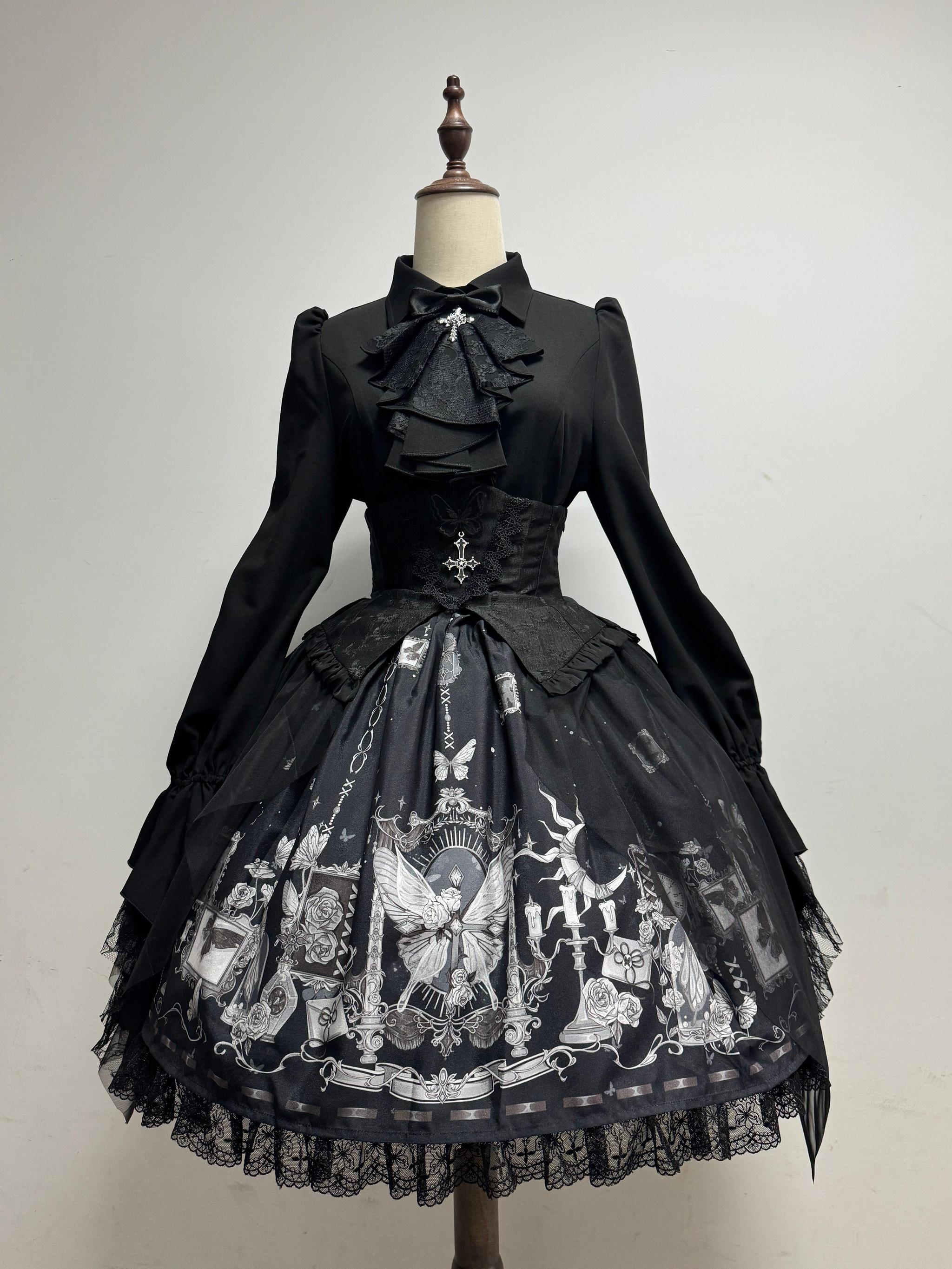Butterfly Shadow - Halloween Gothic Lolita Fishbone Skirt & Shirt, Butterfly Print