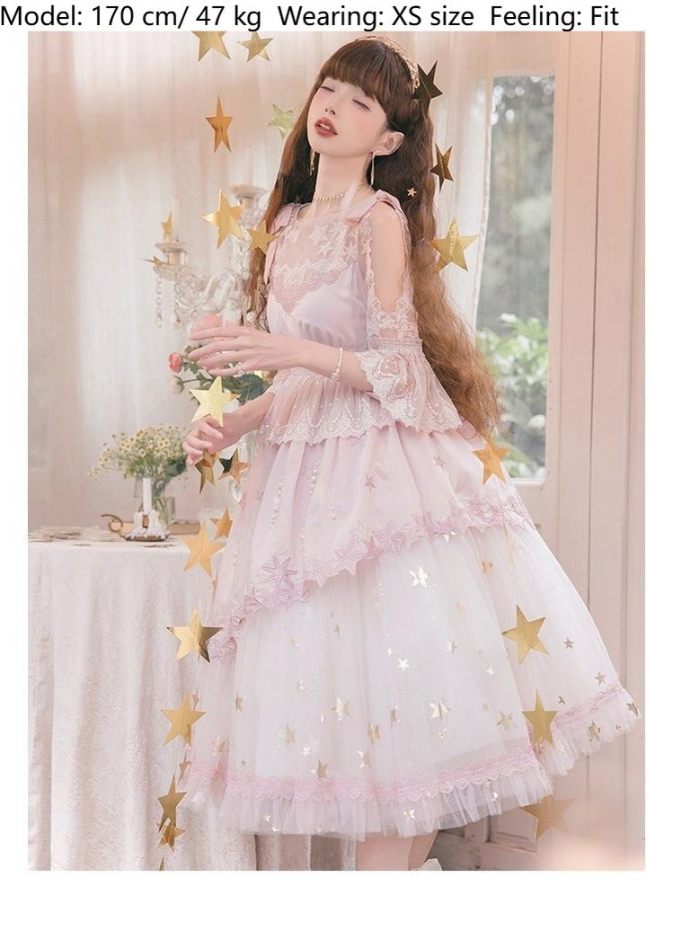 Nikki Tomorrow~Stars Descending~Pink Classic Lolita OP Mesh Embroidery Dress