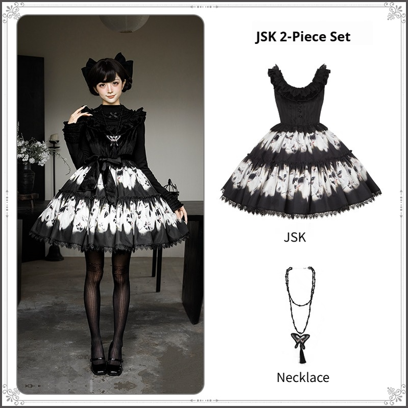 With PUJI - Dead Leaf Butterfly - Gothic Lolita JSK & OP Dress Set, Butterfly Print (L M S) 44346:805424