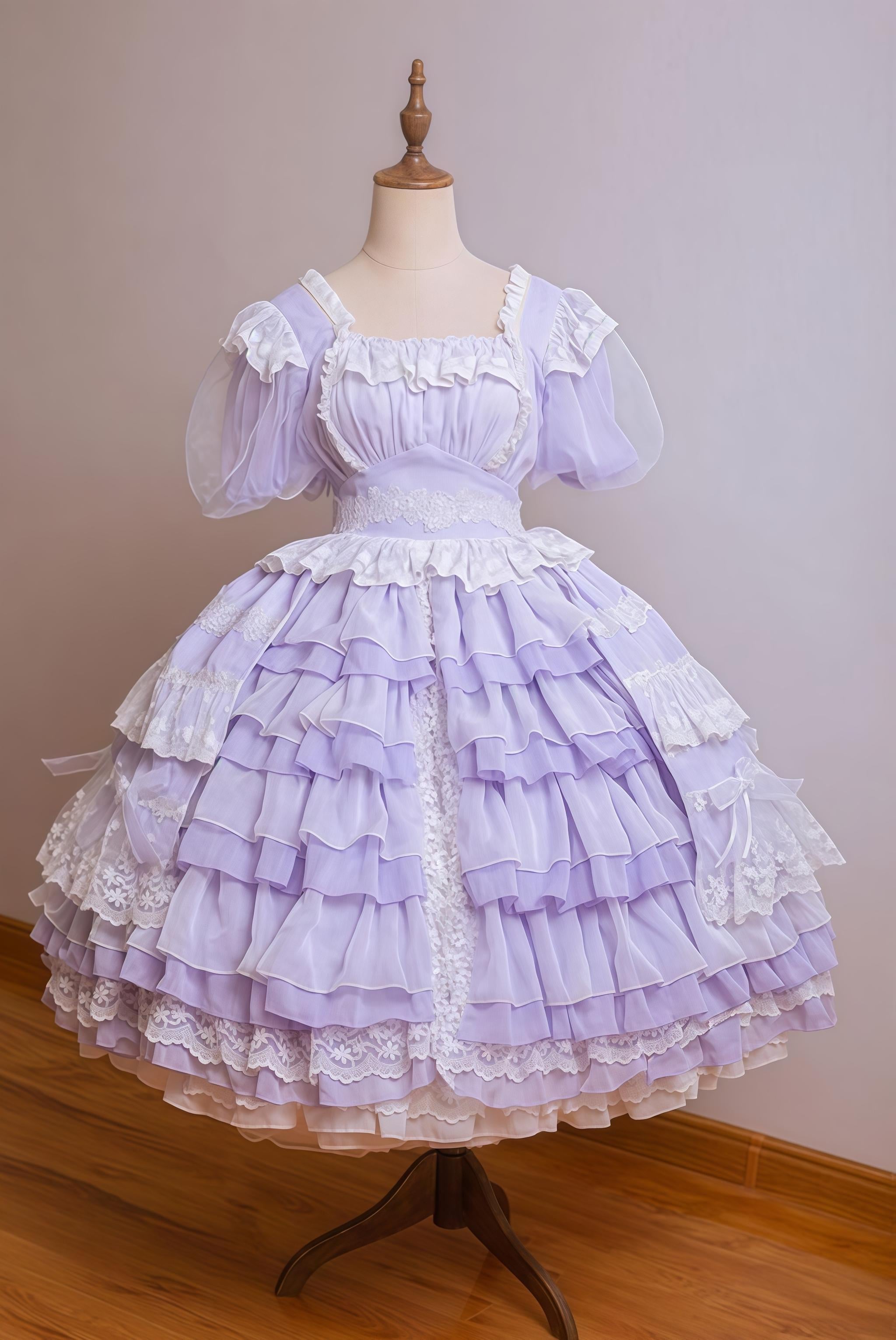 Waltz - Classic Lolita Plus-size OP Dress, Front Opening Violet - OP + 1 Waist Bow + 4 Hem Bows S