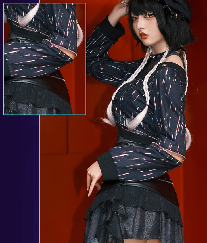 YingLuoFu~Vintage Punk Lolita Heart Pattern Black Skirt Suit   
