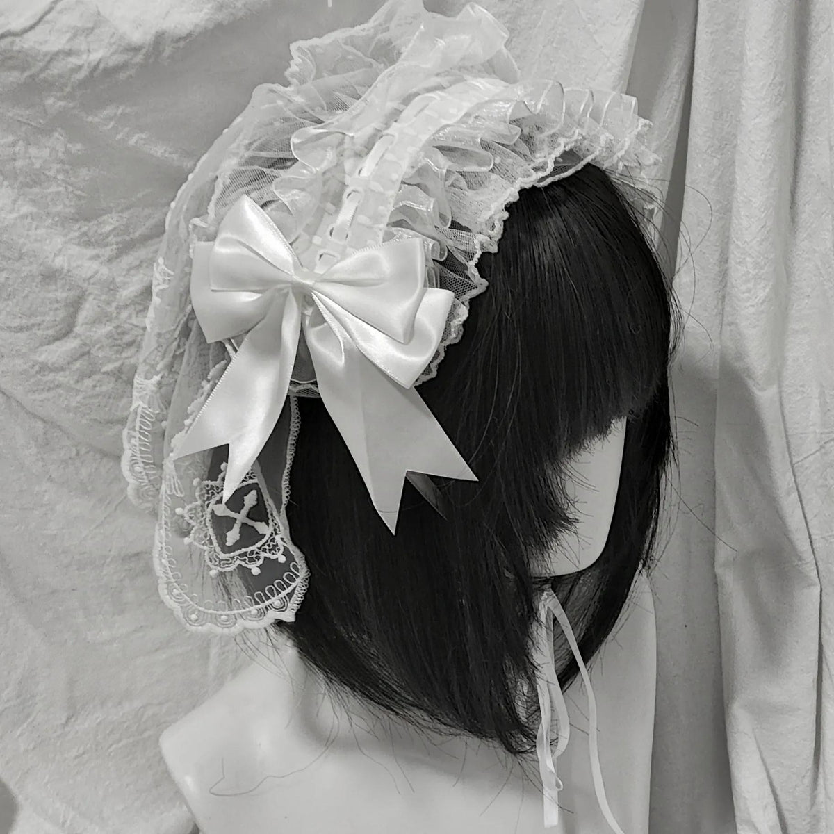 Halloween Gothic Lolita Lace Veil Hairband, Cross Embroidery 46006:872094