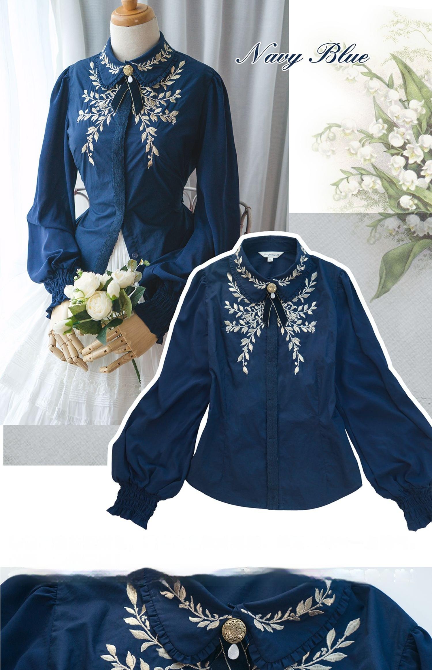 Surface Spell - Ship to Wonderland - Classic Lolita Shirt With Vine Embroidery/Brooch Dark Blue - in stock S