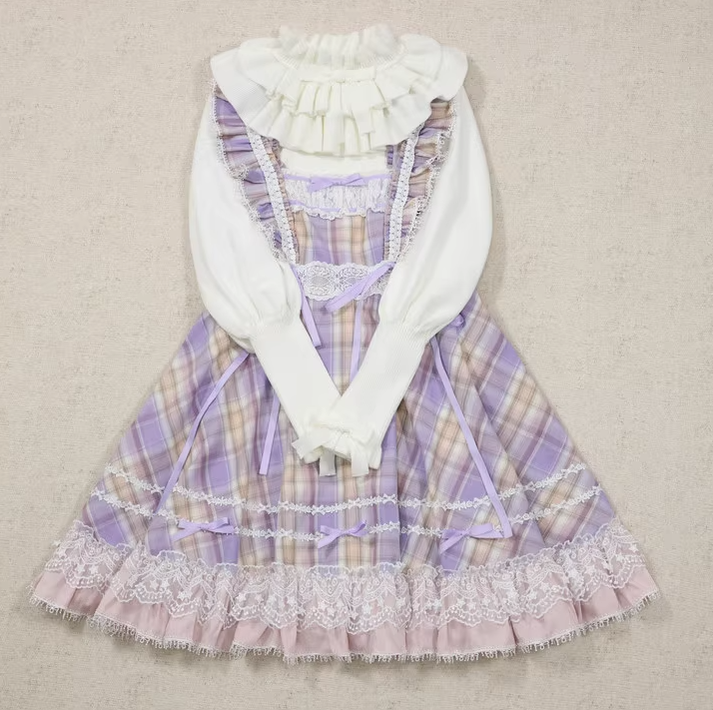 Miaoplus~Sweet Lolita Plaid JSK Multicolors plaid dress XS pink-purple plaid long type free size 