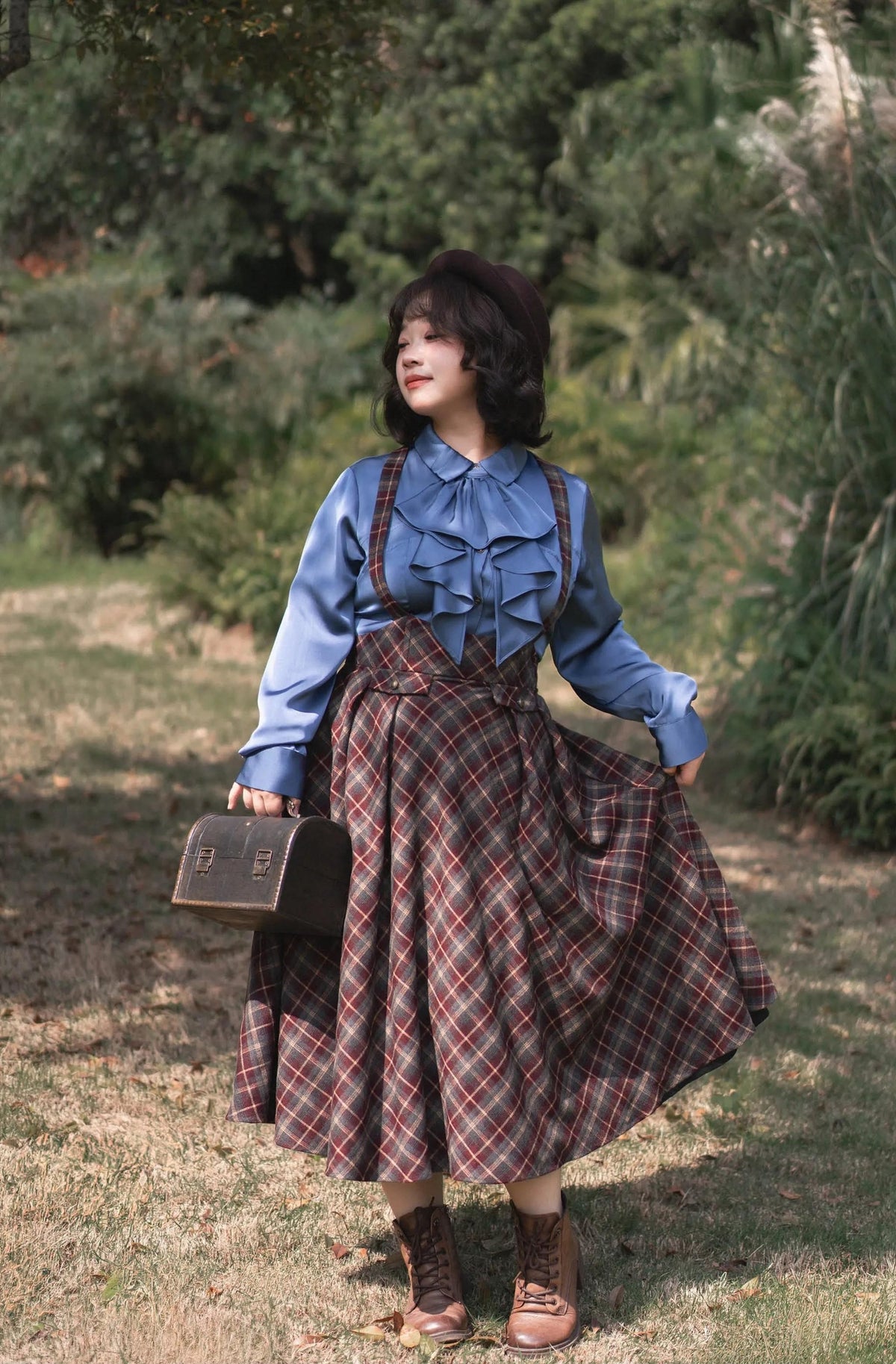 Forest Beats - Elegant Classic Lolita Suspenders Skirt, Plaid Pattern 46082:874465