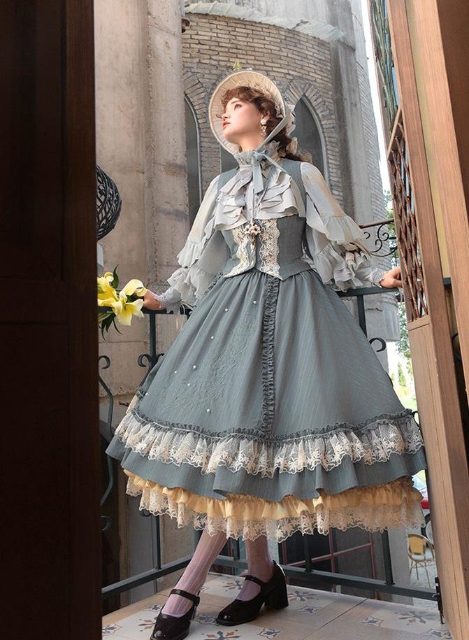Embroidered Classic Lolita OP Dress, Lace Trim Shirt 45209:840296