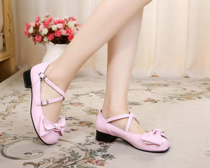 Sosic~Bow and Low Heel Cross Band Lolita Leather Shoes   