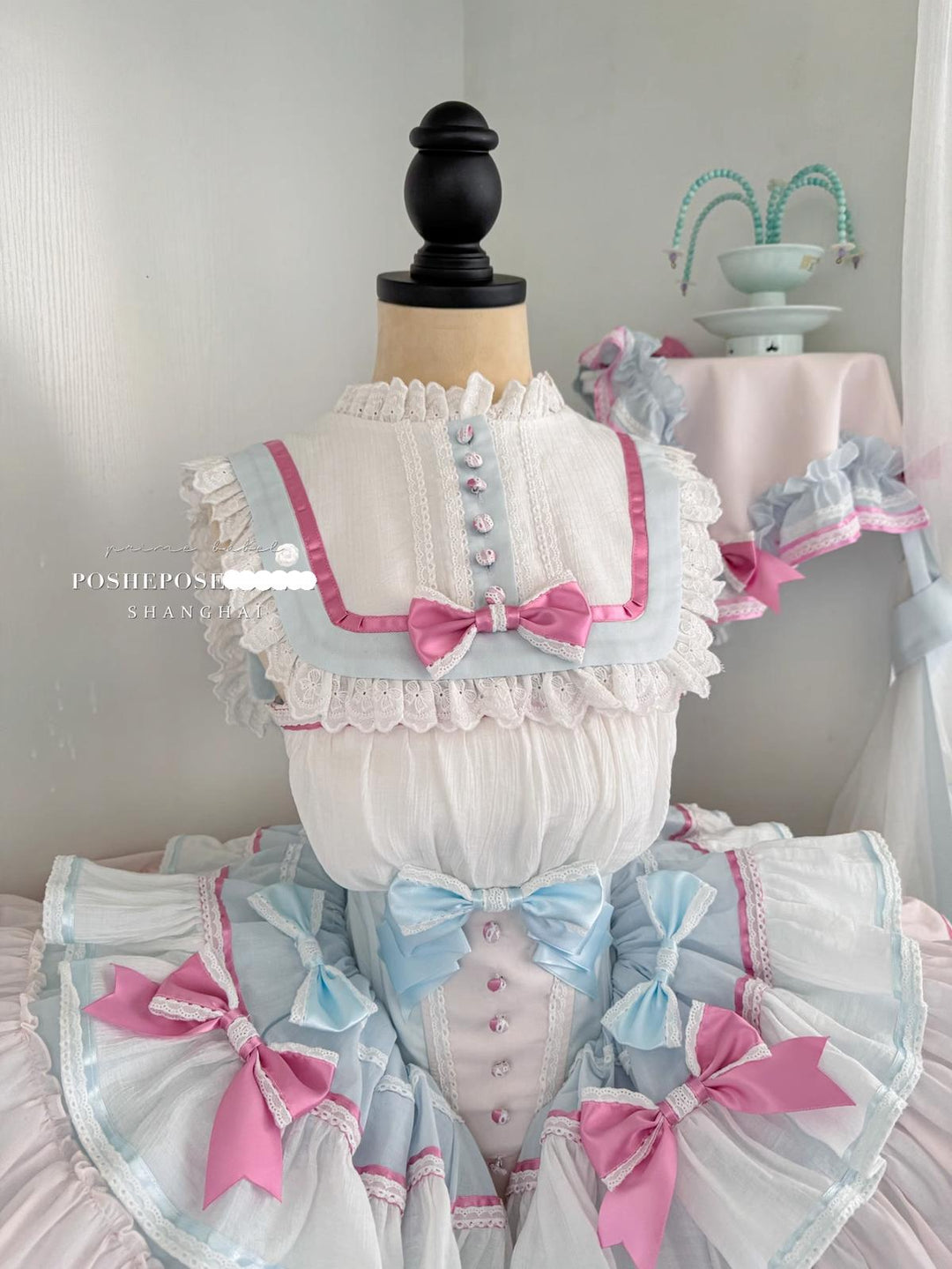 POSHEPOSE~Kitchen Helper~Sweet Lolita JSK Set Tiered Skirt Detachable Short Sleeves Dress   