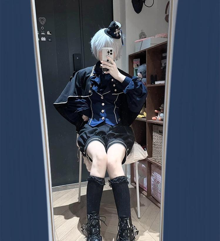 Fallen Holy Star - Ouji Lolita Ruffled Chiffon Blouse & Cape Set, Elastic Shorts 45816:863705