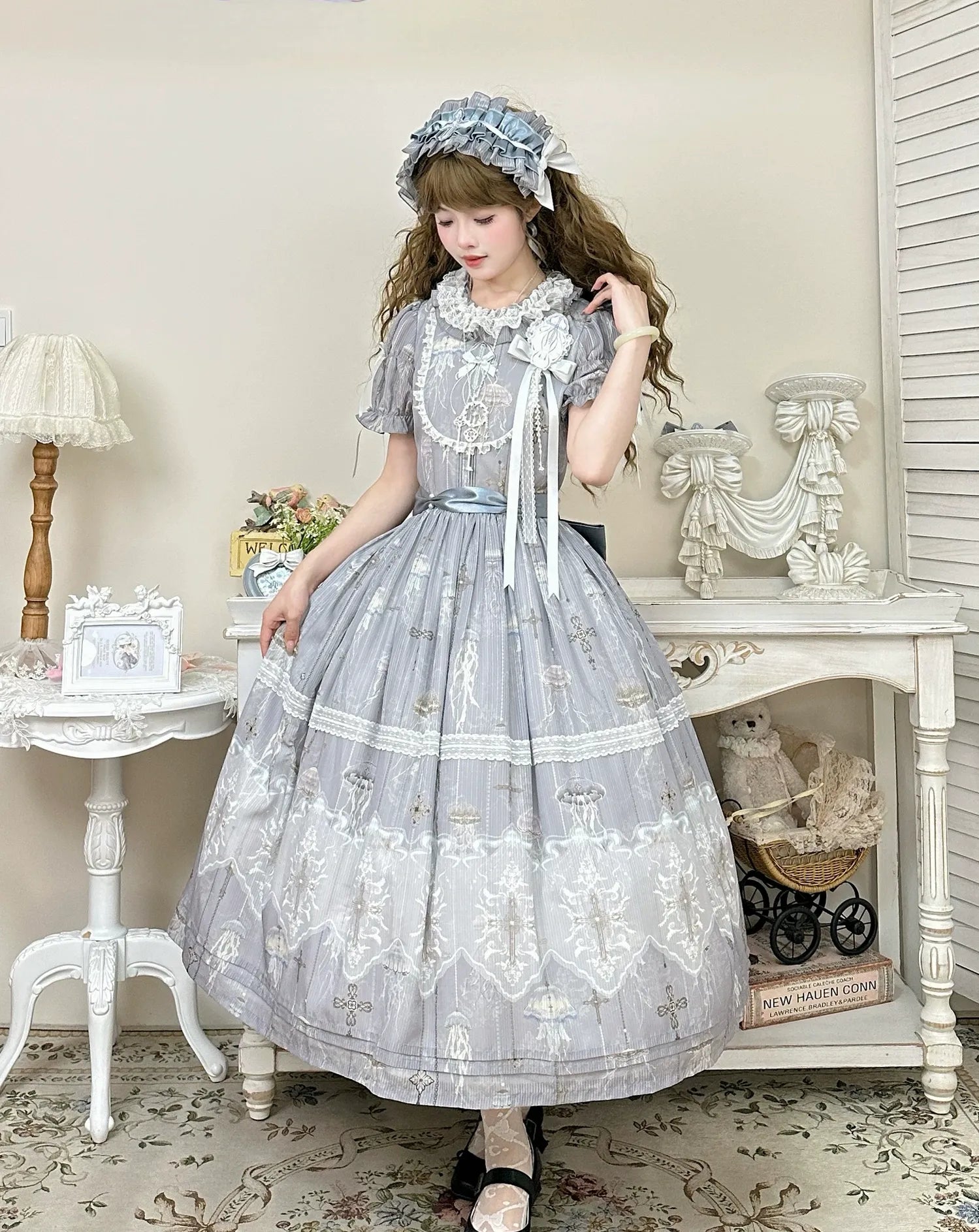 Moonlit Sea Realm - Cotton Lined Classic Lolita OP and JSK Dress, Jellyfish Print 45508:850358