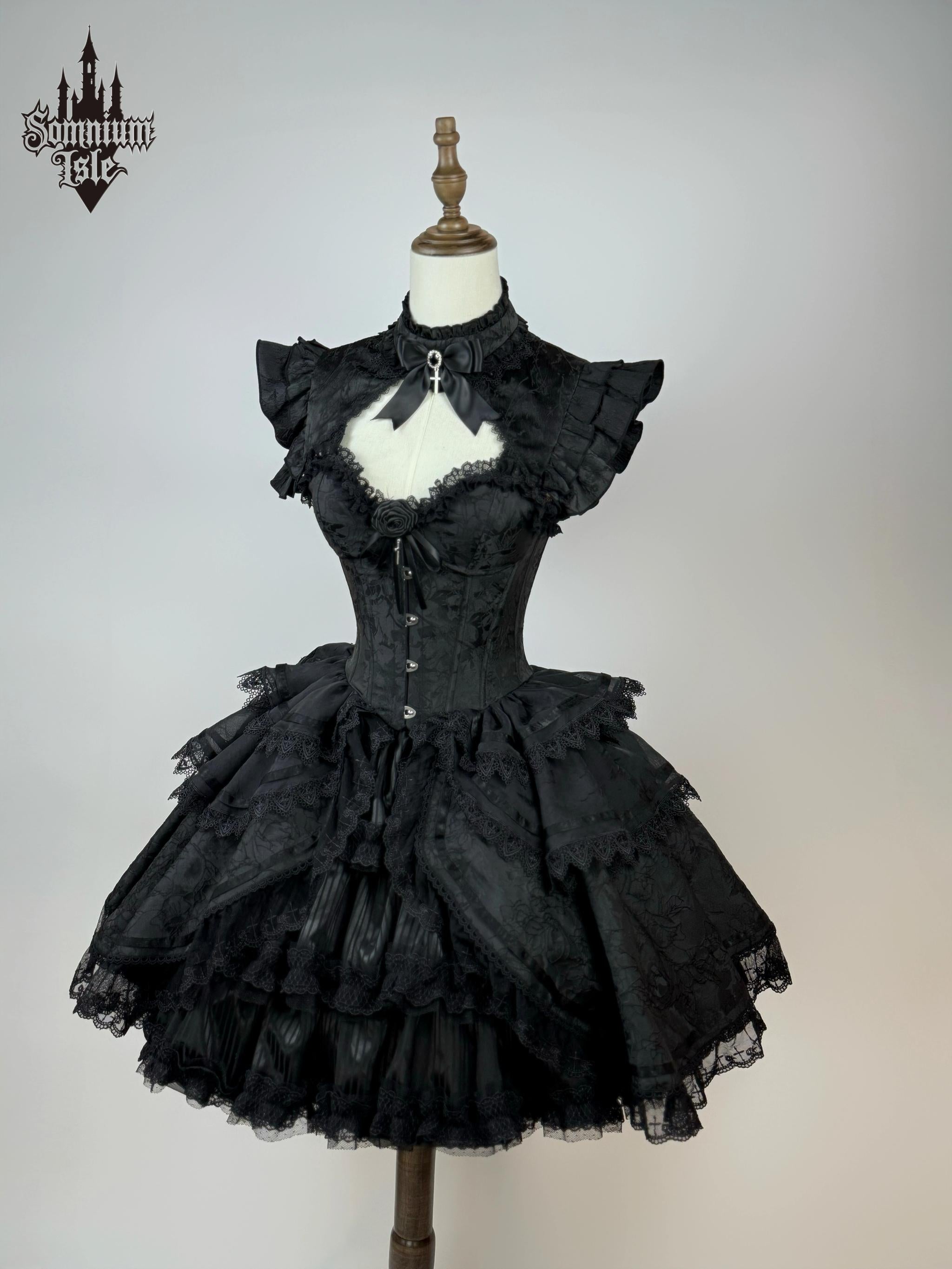 Dawn Sacrament - Striped Jacquard Gothic Lolita SK Dress, Boning Bodice Black 3-Piece Set - Short XS