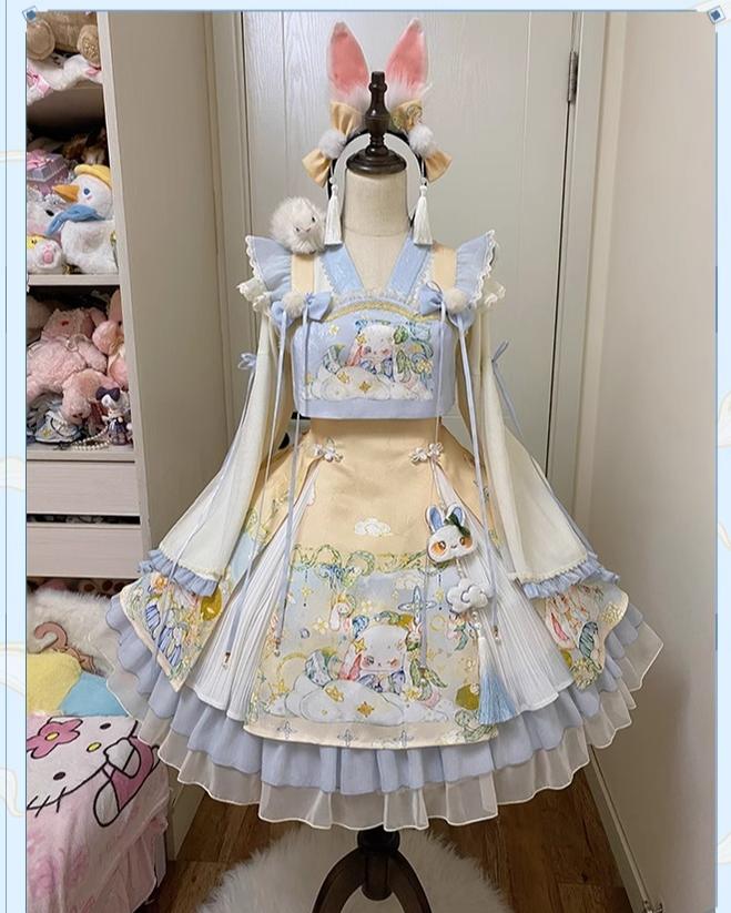 YingLuoFu~Laurel~Kawaii Han Lolita Jumper Dress Rabbit Print   