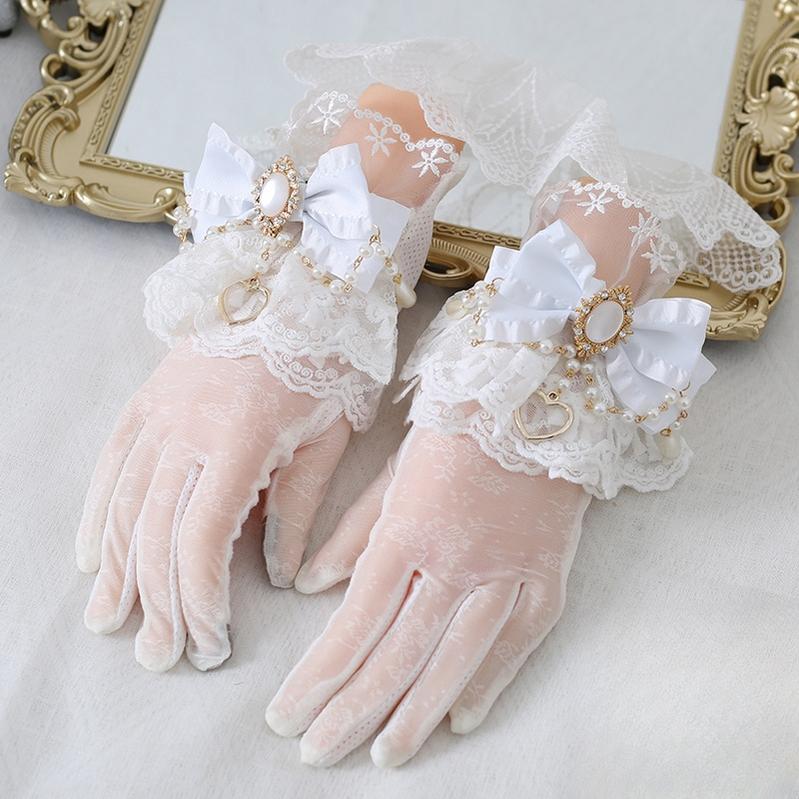 Xiaogui - Vintage Lolita Gloves Lace Bow Bead Chain Sunscreen Gloves white
