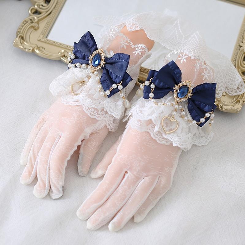 Xiaogui~Vintage Lolita Gloves Lace Bow Bead Chain Sunscreen Gloves dark blue  